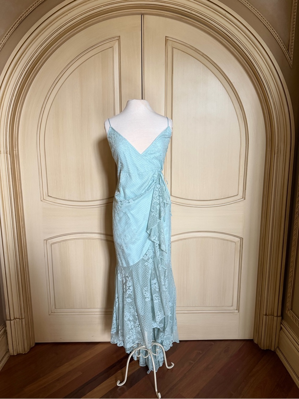 Michael Costello Pale Blue Lace Bias Slip Maxi Dress